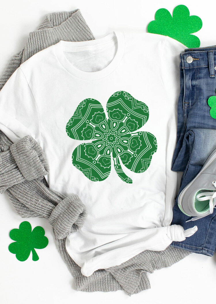 

St. Patrick's Day Lucky Shamrock Mandala T-Shirt Tee - White, 493688