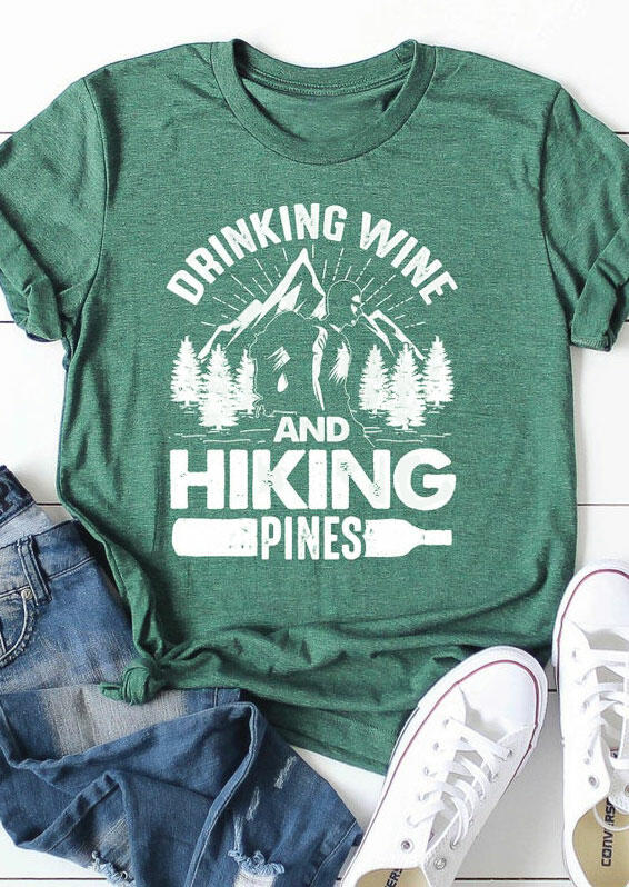 

Drinking Wine And Hiking Pines Mountain T-Shirt Tee - Light Green, 493716