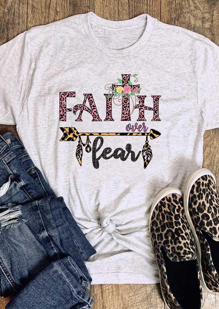 

Faith Over Fear Leopard Arrow Floral Cross T-Shirt Tee - Light Grey, 489615