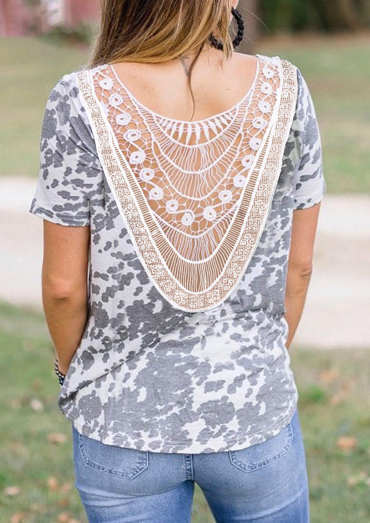 

Cow Lace Splicing Open Back Casual Blouse, Multicolor, 493682