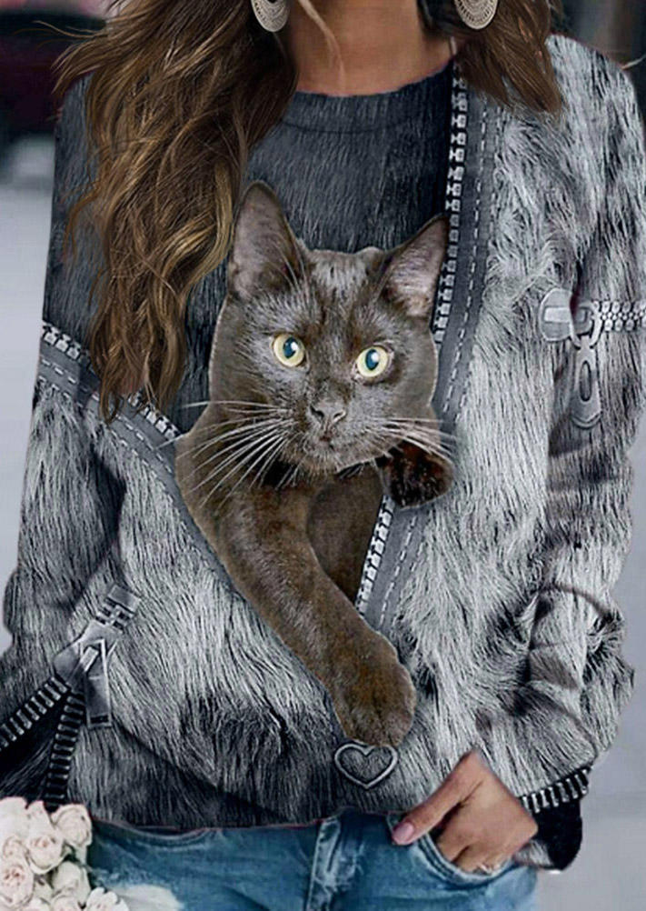 

Cat Graphic O-Neck Long Sleeve Blouse - Gray, 493721