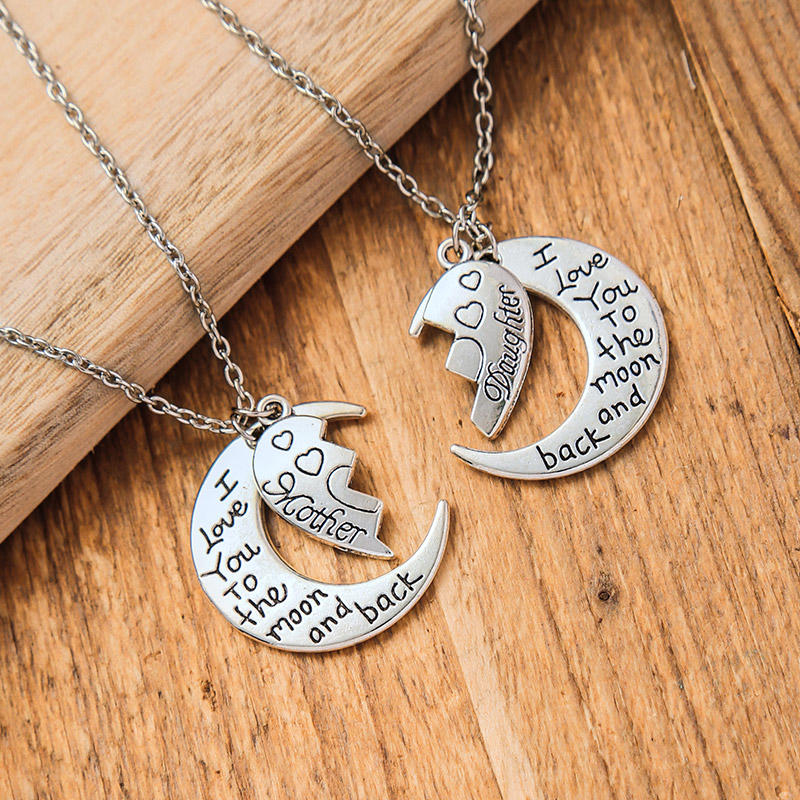 

2Pcs I Love You To The Moon And Back Mother Daughter Necklace, Silver, 493754