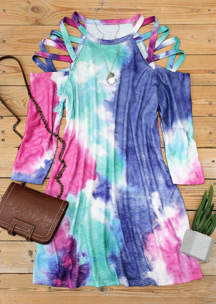 Tie Dye Criss-Cross Cold Shoulder Mini Dress