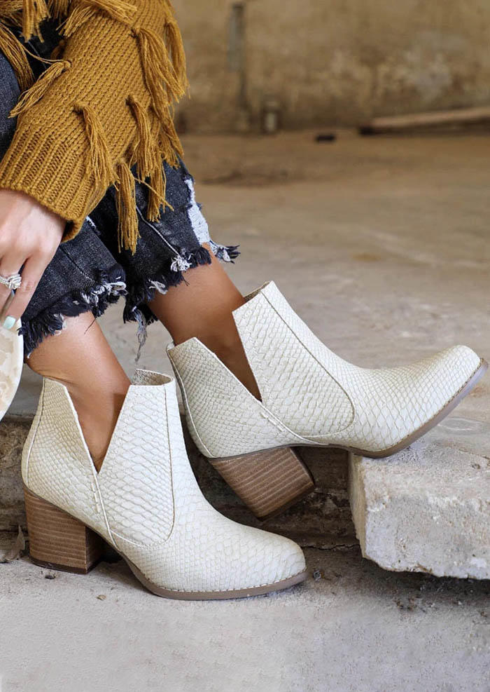 

Snake Skin Side Slit Chunky Heel Ankle Boots - Beige, 493812