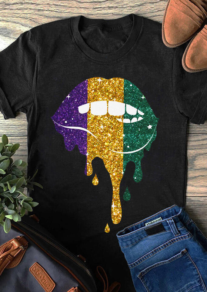 

Mardi Gras Colorful Lips O-Neck T-Shirt Tee - Black, 493815