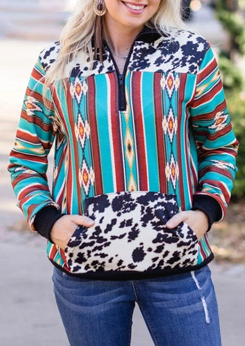

Colorful Striped Aztec Cow Kangaroo Pocket Pullover Sweatshirt, Multicolor, 493827