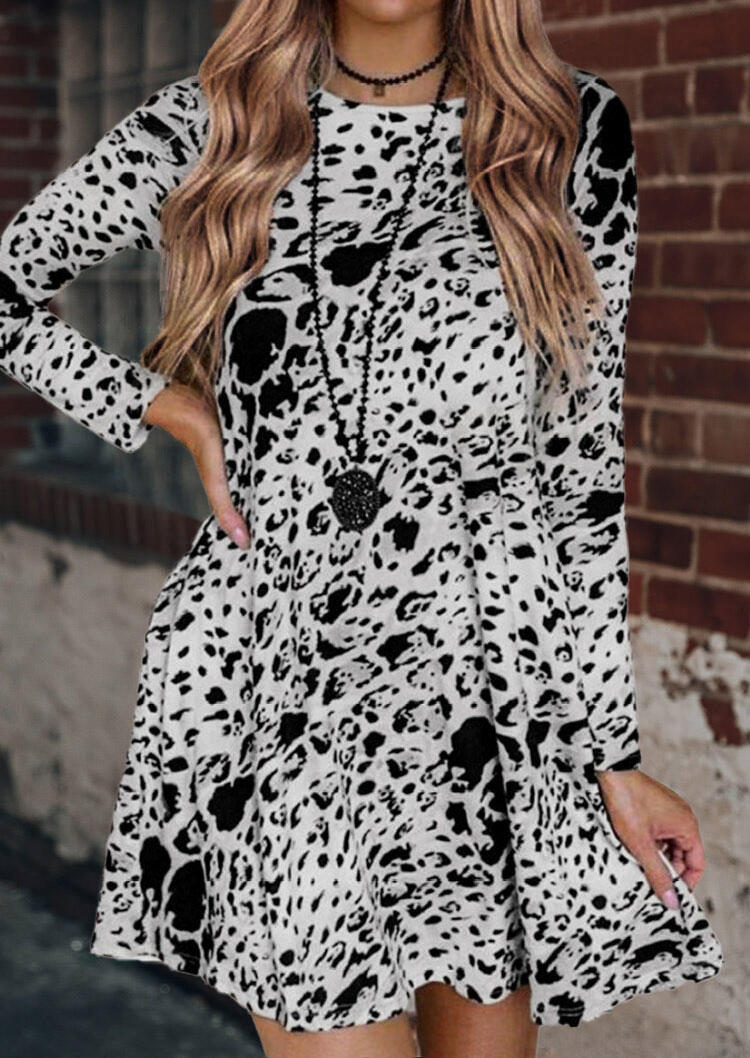 

Leopard Pocket O-Neck Long Sleeve Mini Dress, 491590