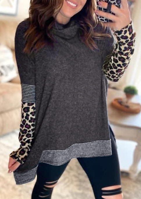 

Leopard Striped Splicing Slit Cowl Neck Blouse - Dark Grey, 493801
