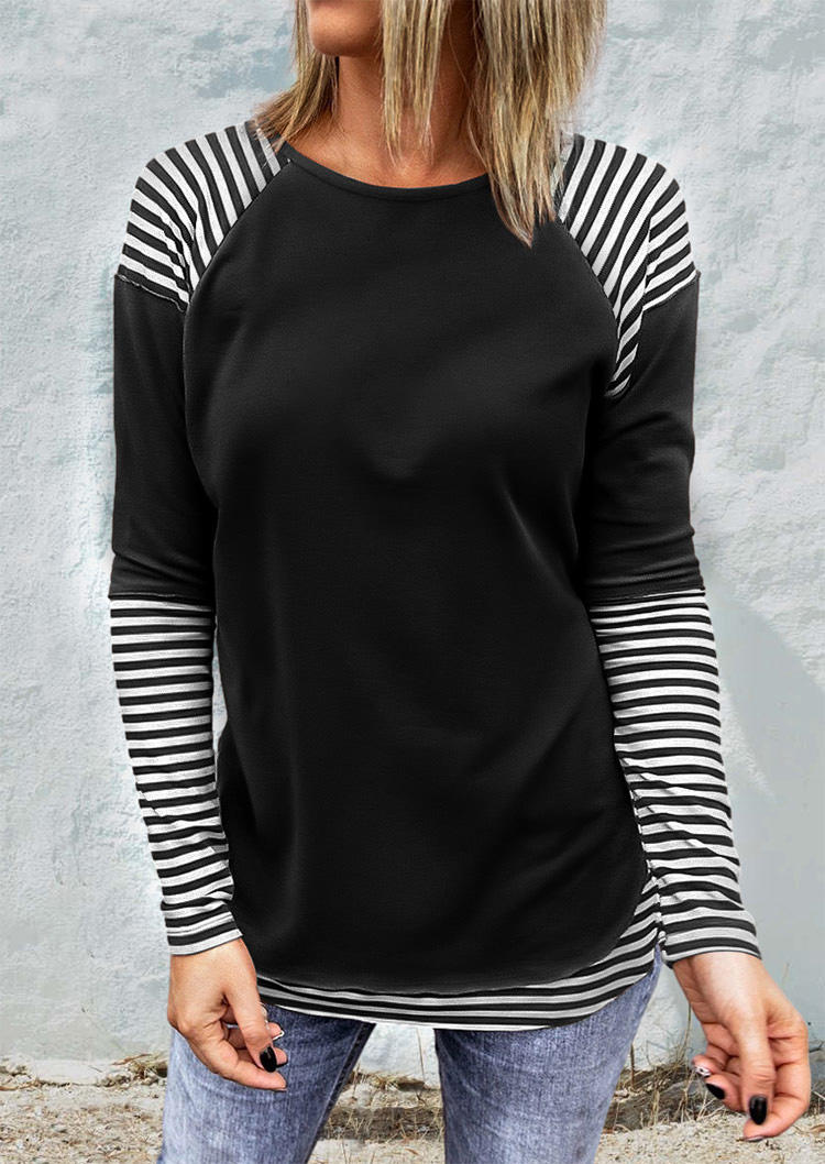 

Striped Splicing Long Sleeve O-Neck Blouse - Black, 493813