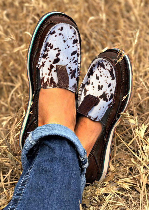 Cow Slip On Round Toe Flat Sneakers - Brown