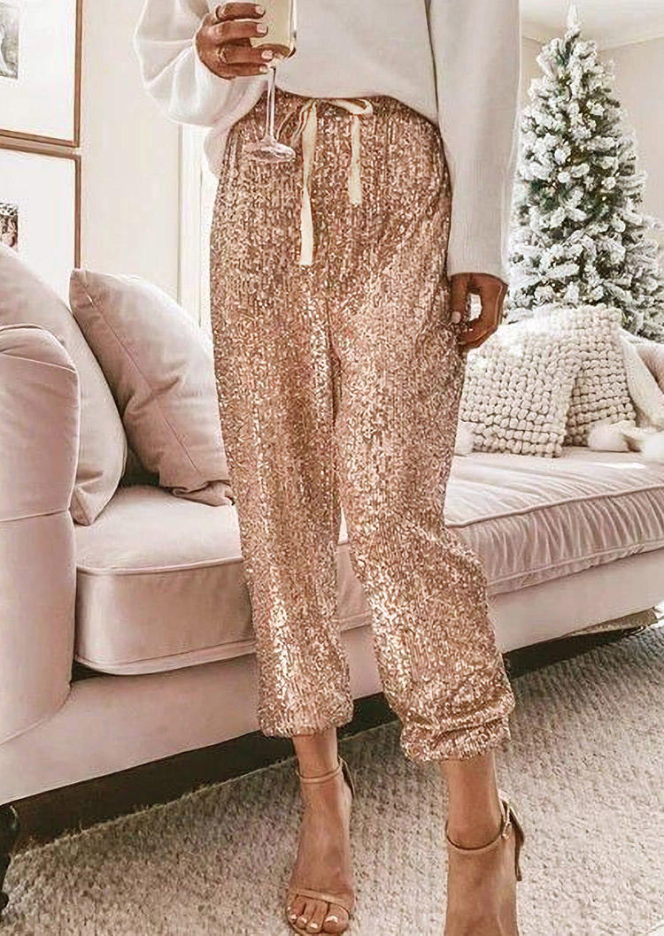 

Sequined Drawstring High Waist Pants - Gold, 493871