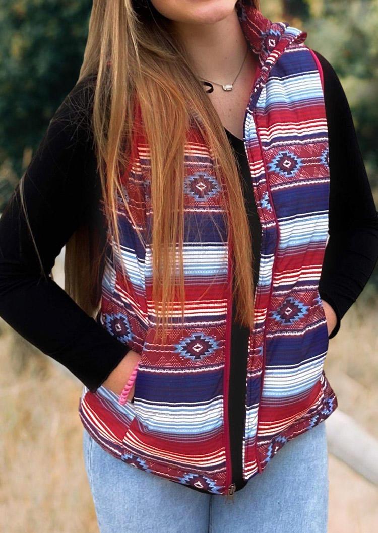 

Aztec Geometric Striped Pocket Zipper Vest Coat, Multicolor, 493880