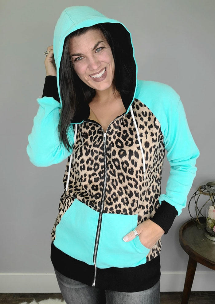 

Leopard Color Block Pocket Zipper Drawstring Hooded Coat - Cyan, 493886