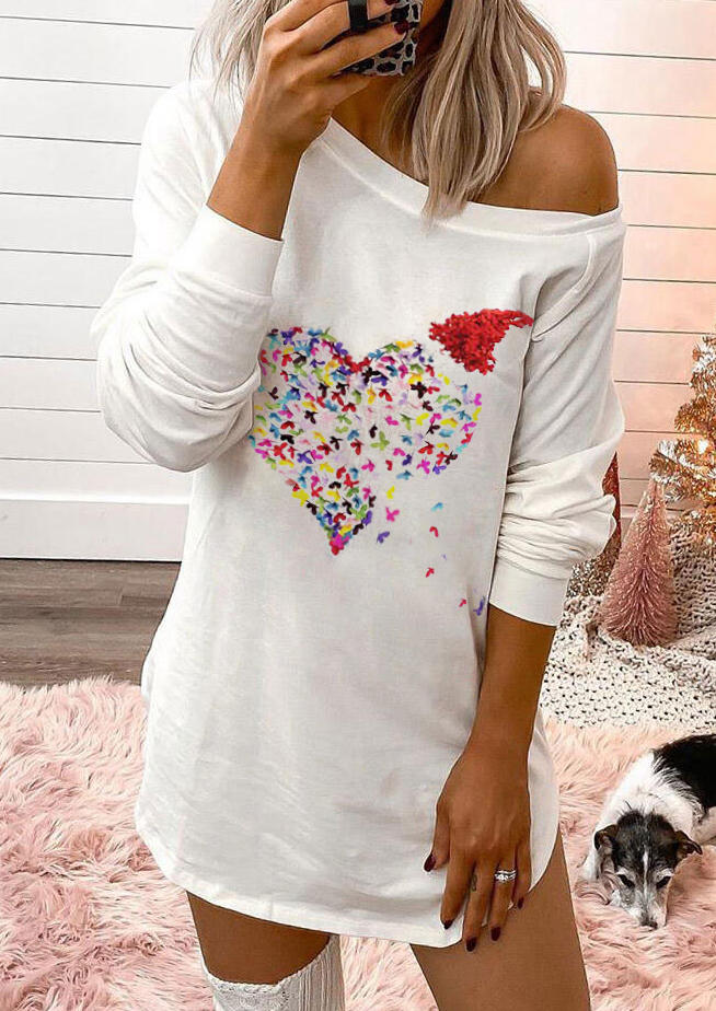 

Butterfly Heart O-Neck Long Sleeve Mini Dress - White, 493888