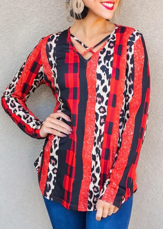 

Leopard Splicing Plaid Criss-Cross V-Neck Blouse, Multicolor, 493894