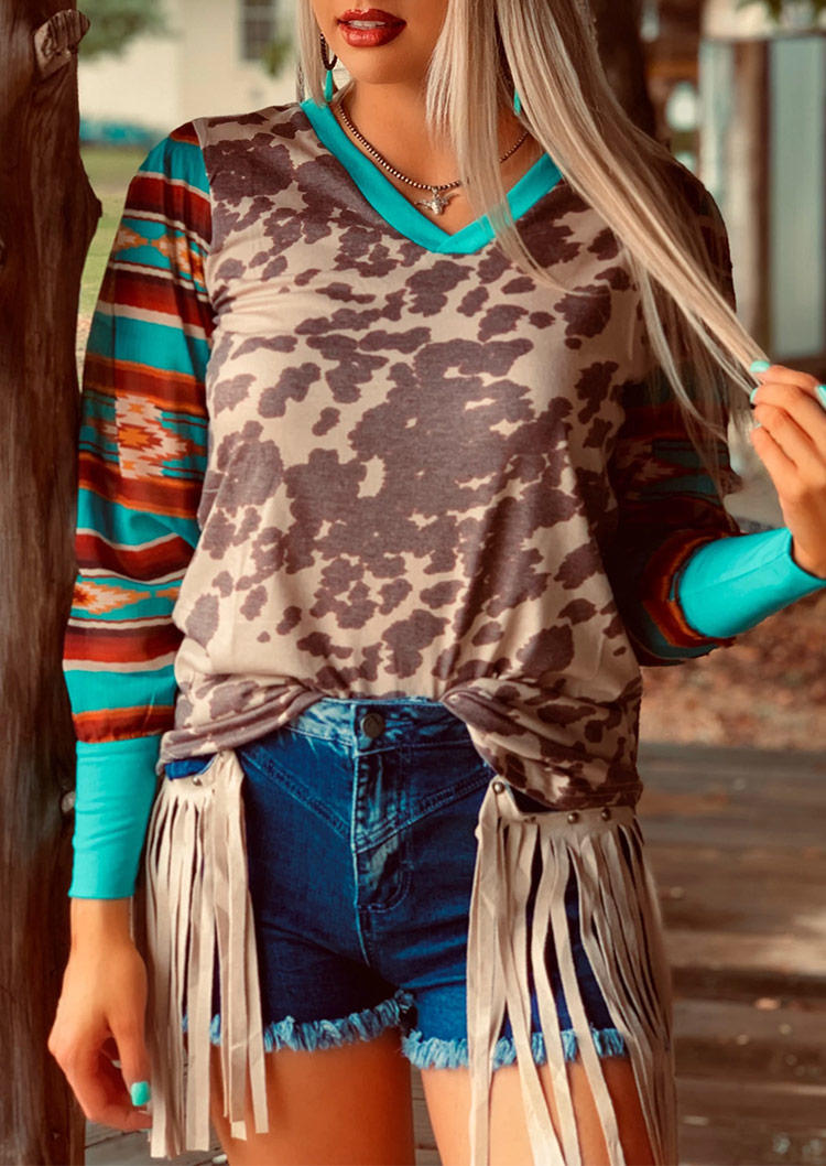 

Cow Aztec Geometric Western Splicing Casual Blouse, Leopard, 493903
