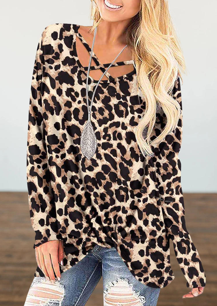 

Leopard Criss-Cross Twist Long Sleeve Blouse, 493948