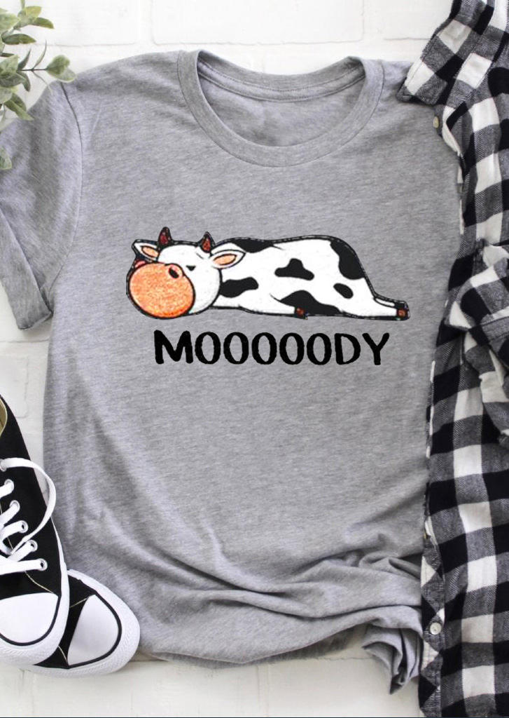 

Mooooody Lazy Cow O-Neck T-Shirt Tee - Gray, 493955