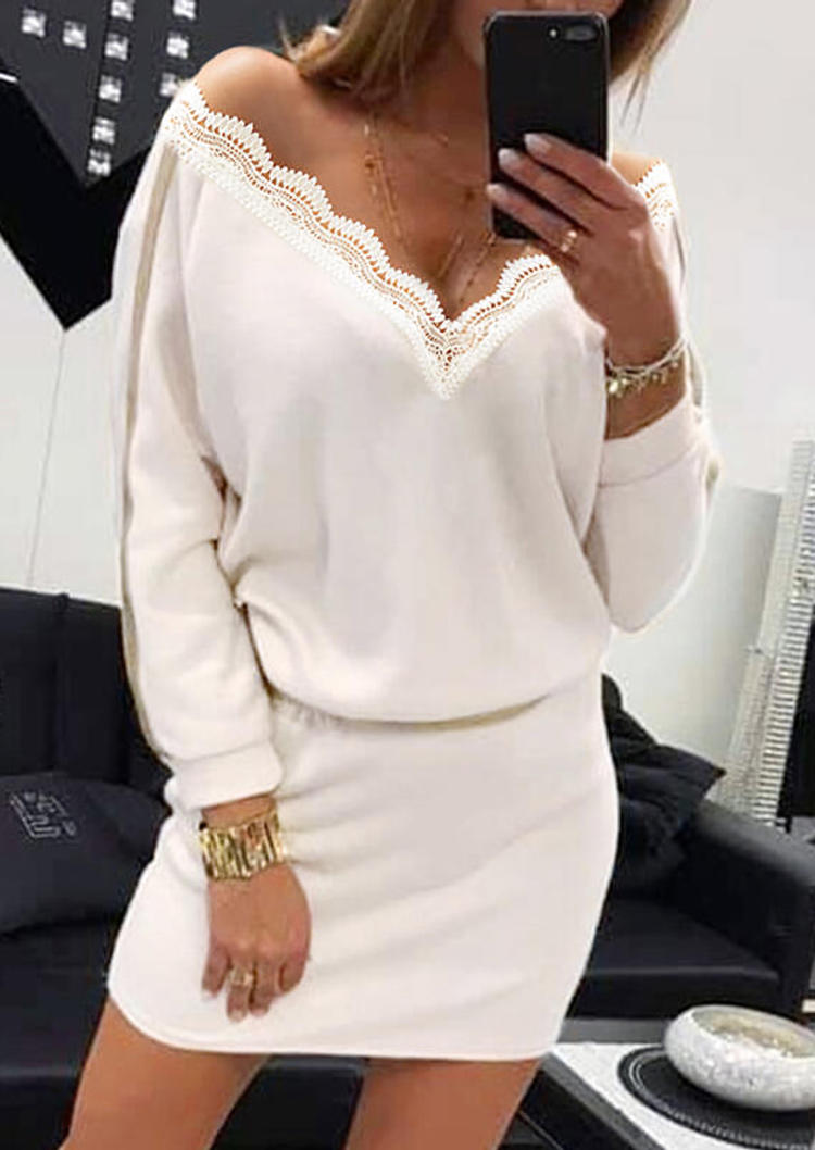 

Lace Splicing V-Neck Long Sleeve Mini Dress - White, 493962
