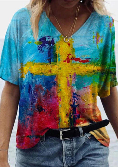 

Graffiti Cross Painting V-Neck Raglan Sleeve T-Shirt Tee, Multicolor, 493994