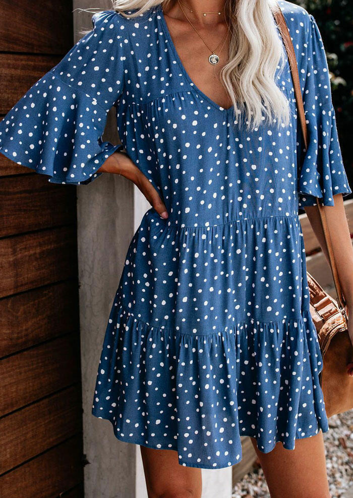 

Flounce Sleeve Polka Dot V Neck Tiered Ruffled Babydoll Mini Dress - Blue, 462042