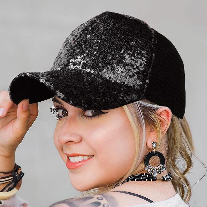 

Sequined Splicing Mesh Hollow Out Baseball Cap - Black, 493885