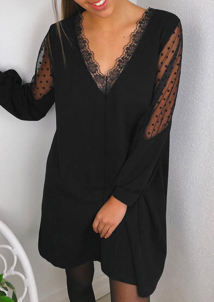 

Lace Splicing V-Neck Long Sleeve Mini Dress - Black, 493904