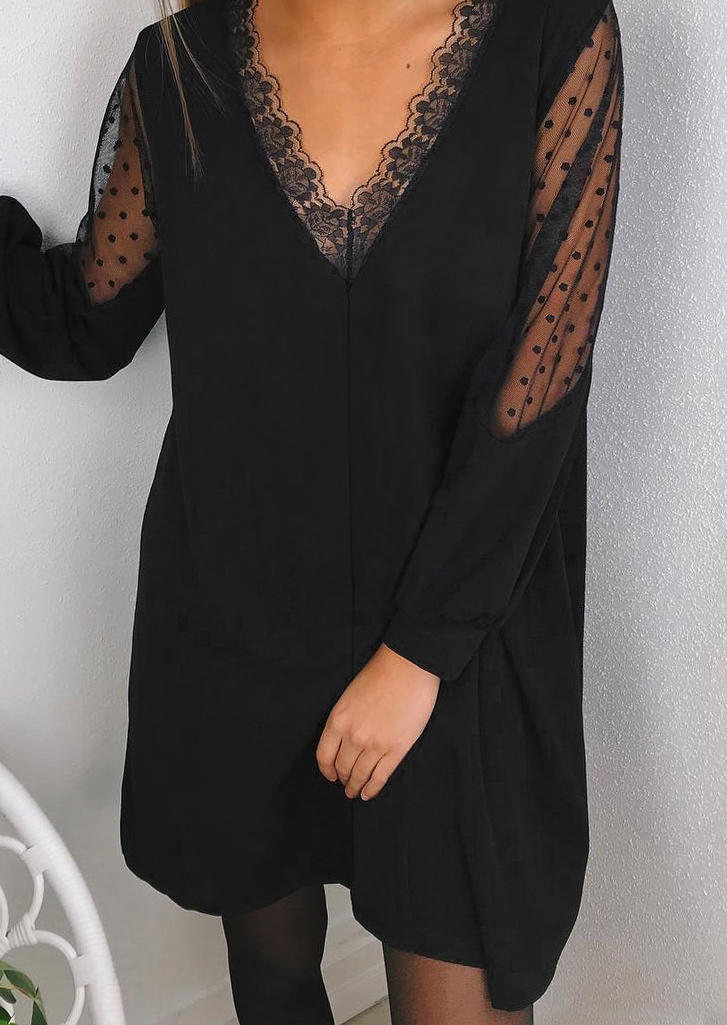 Lace Splicing V-Neck Long Sleeve Mini Dress - Black