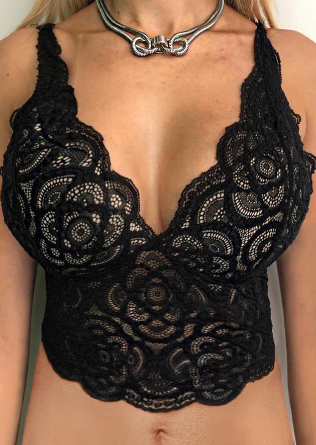 

Lace Floral Padded Seamless Breathable Crop Top - Black, 494017