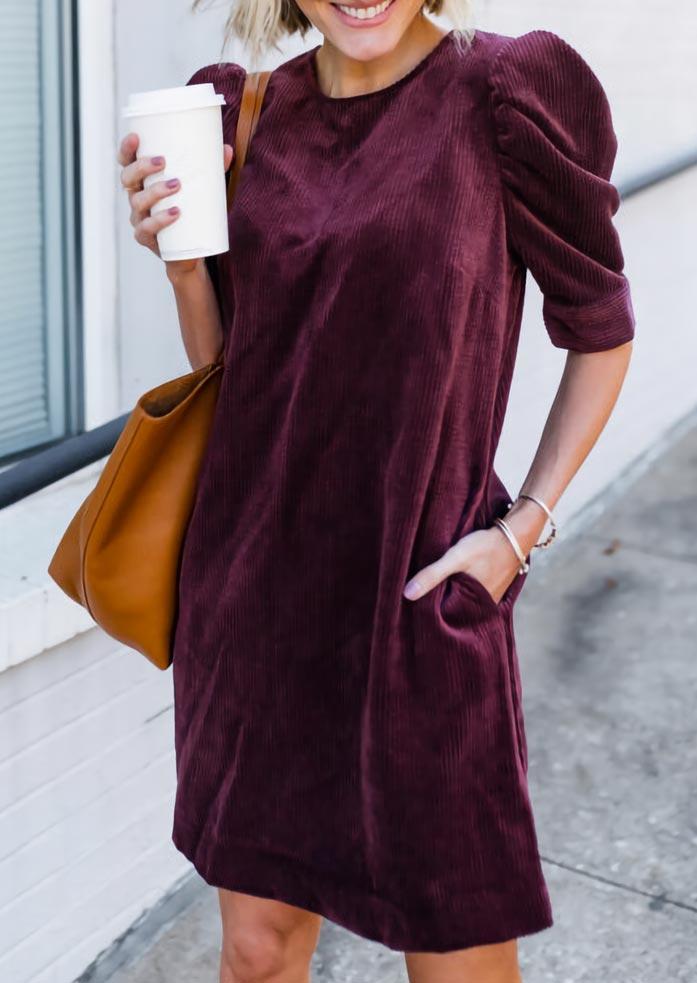 

Ruffled Pocket Puff Sleeve O-Neck Mini Dress - Plum, 494022