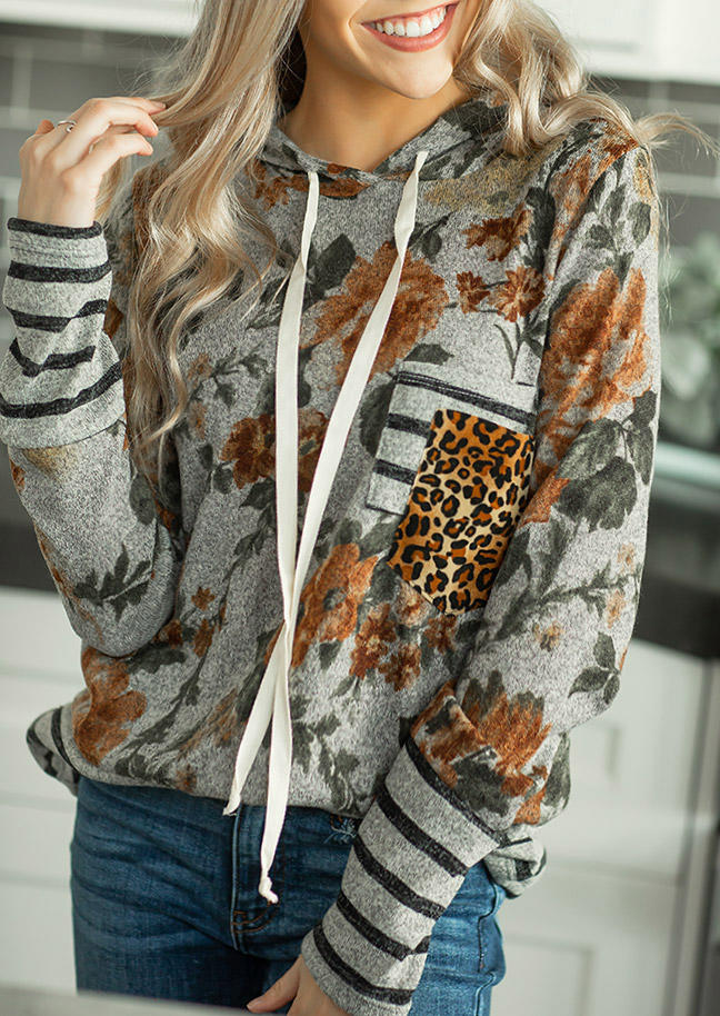 

Floral Leopard Striped Double Pocket Hoodie - Gray, 494030