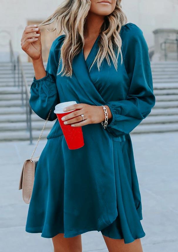 

Ruffled Wrap Elastic Cuff V-Neck Mini Dress - Blue, 494037