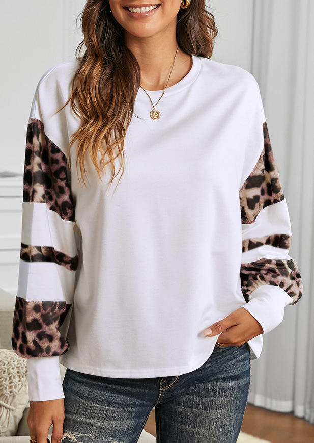 

Leopard Splicing Long Sleeve O-Neck Blouse - White, 494039