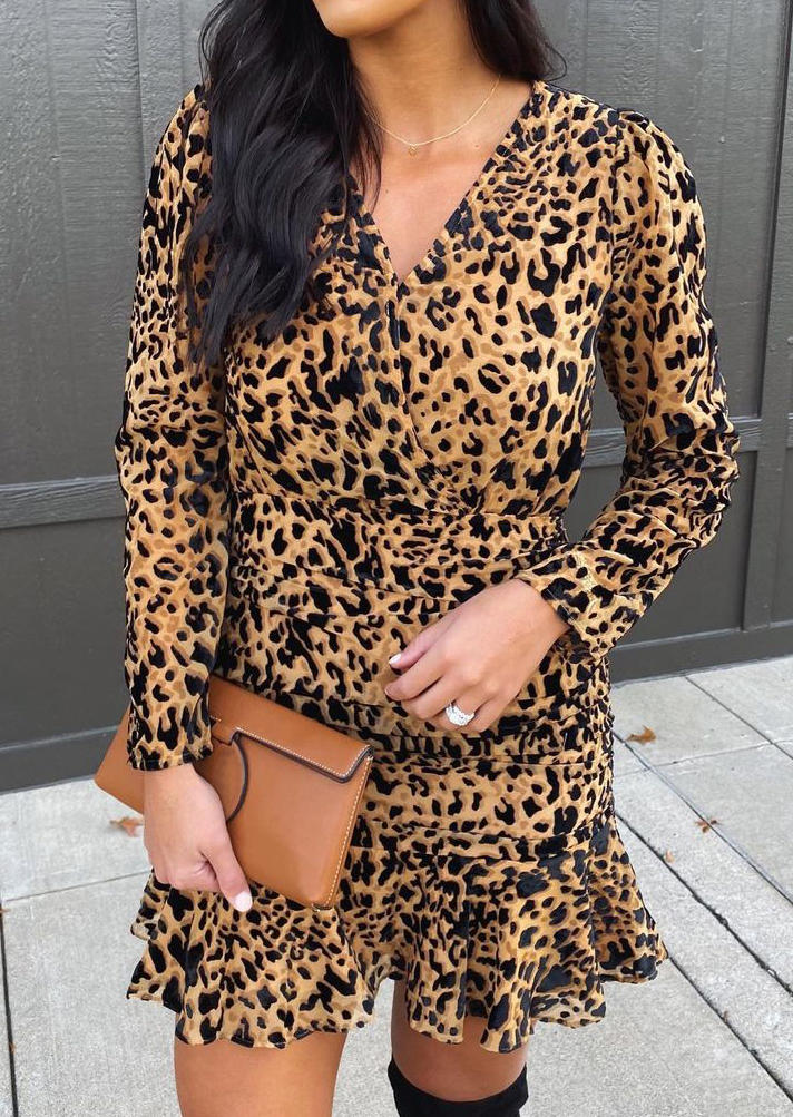 

Leopard Ruffled Long Sleeve V-Neck Mini Dress, 494063