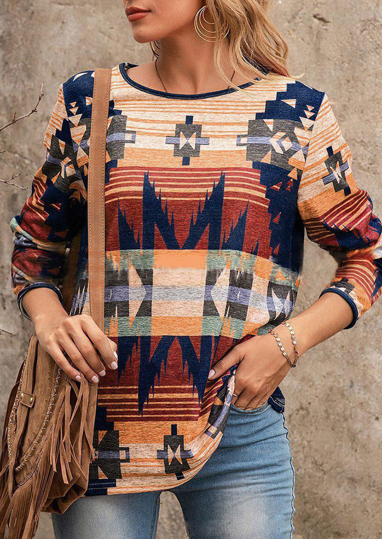 

Aztec Geometric Western Long Sleeve Blouse, Multicolor, 494075