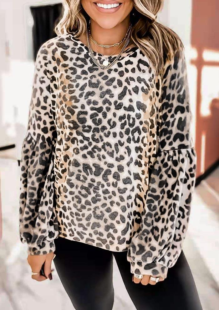 

Leopard Ruffled Lantern Sleeve O-Neck Blouse, 494000