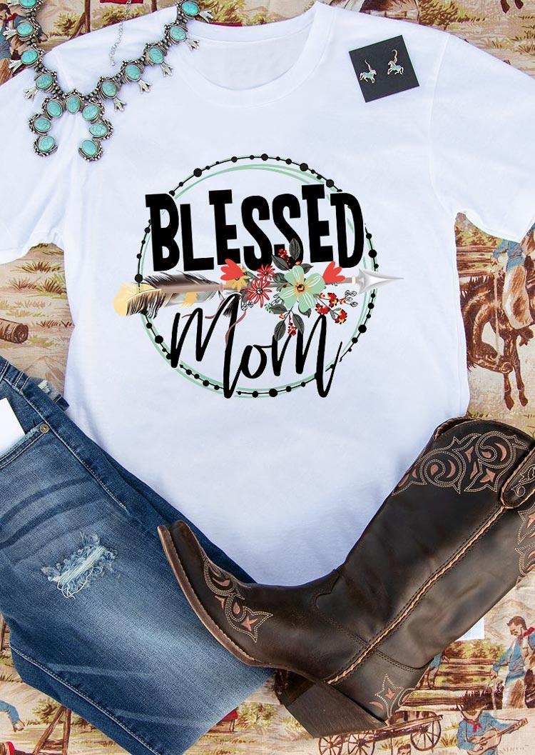 

Blessed Mom Arrow Feather Flower T-Shirt Tee - White, 494013