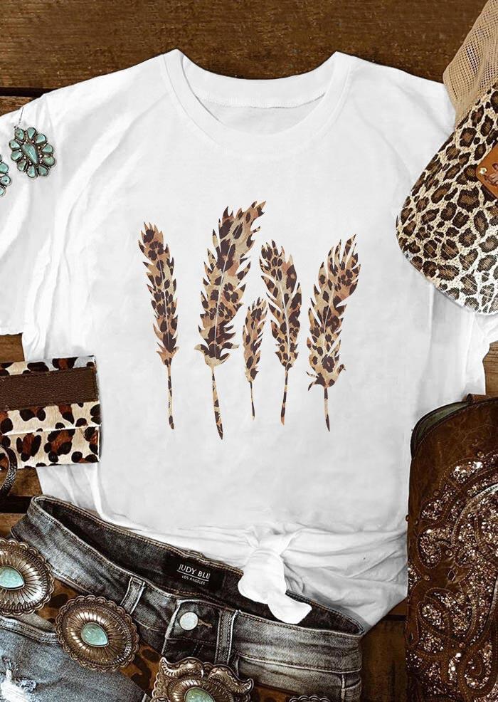 

Leopard Feather O-Neck T-Shirt Tee - White, 494023