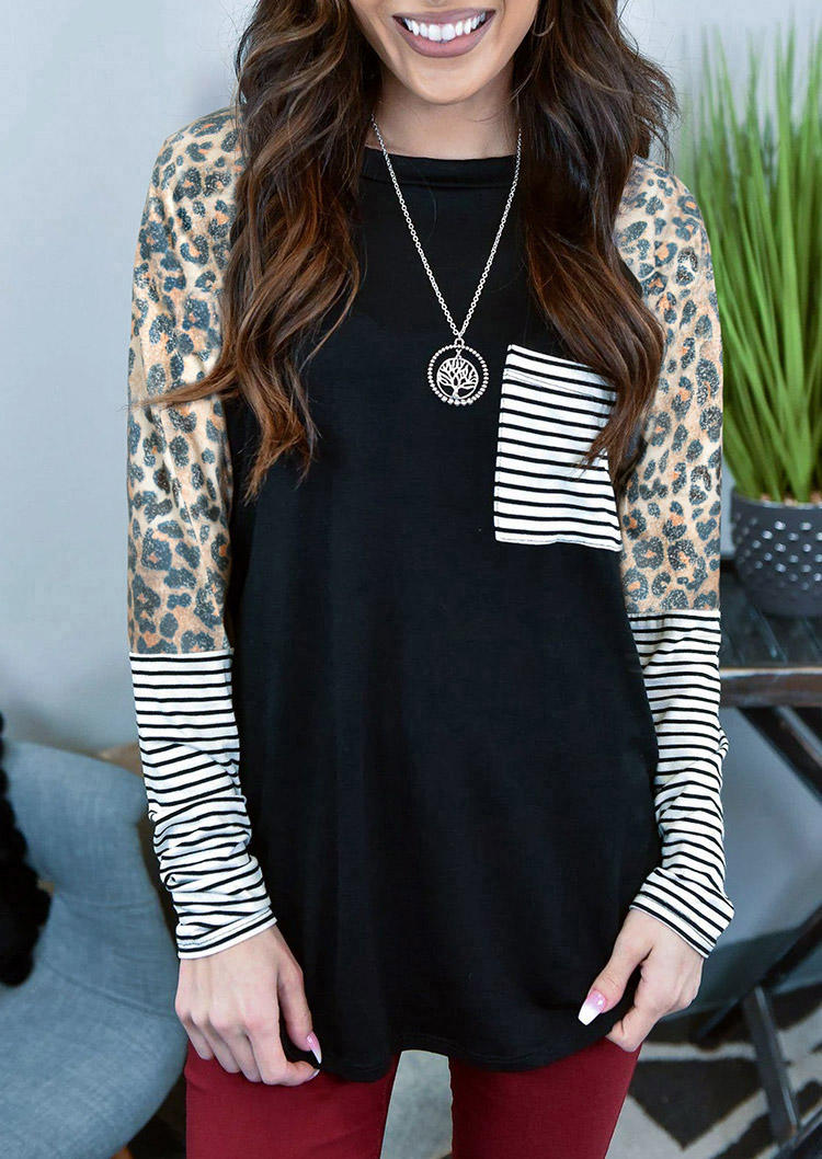 

Leopard Striped Splicing Pocket Long Sleeve Blouse - Black, 494033