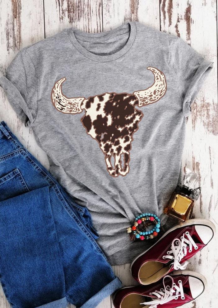 

Cow Steer Skull O-Neck T-Shirt Tee - Light Grey, 494144