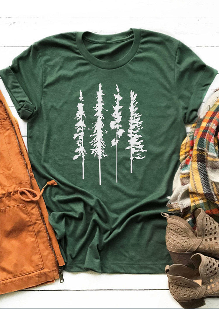 

Pine Tree O-Neck Casual T-Shirt Tee - Green, 494155