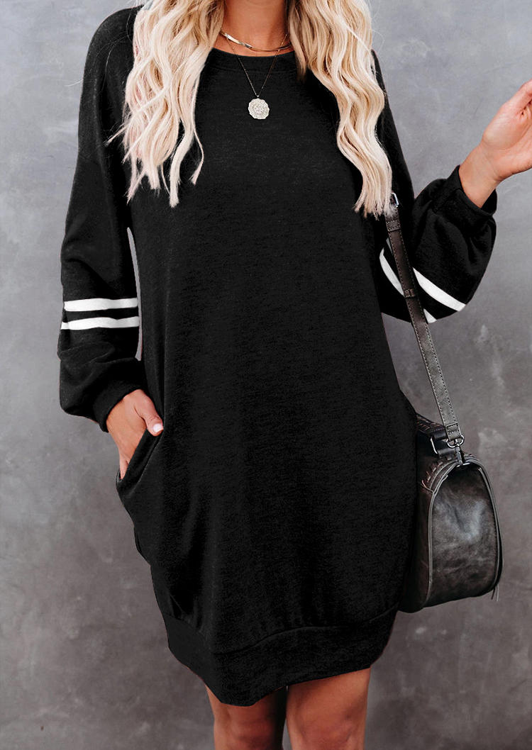 

Pocket Splicing O-Neck Drop Shoulder Mini Dress - Black, 494210