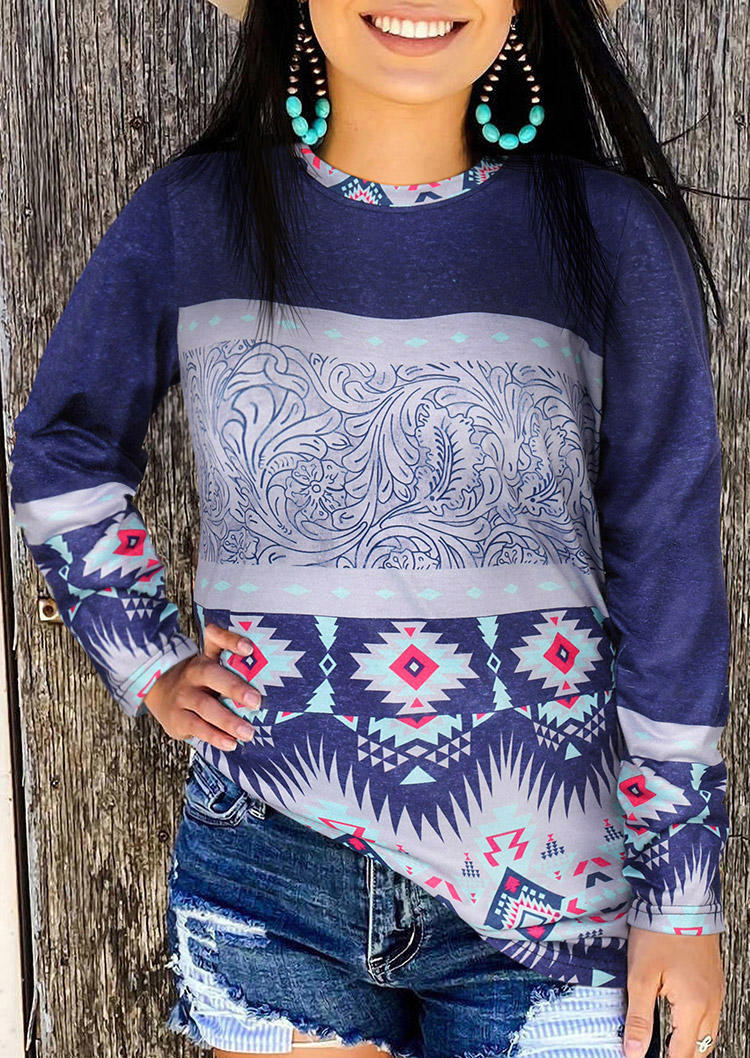 

Aztec Geometric Floral Tooled Pattern Buckstitch Blouse - Deep Blue, 494221