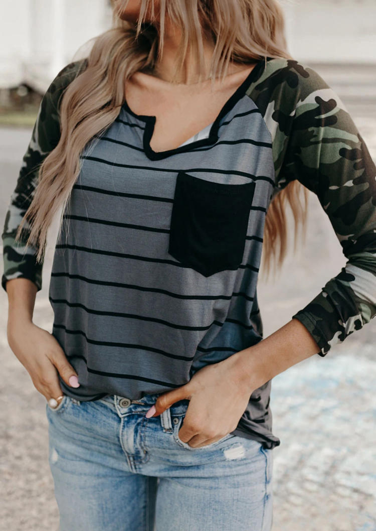 

Camouflage Striped Splicing Pocket Blouse, Stripe, 494233