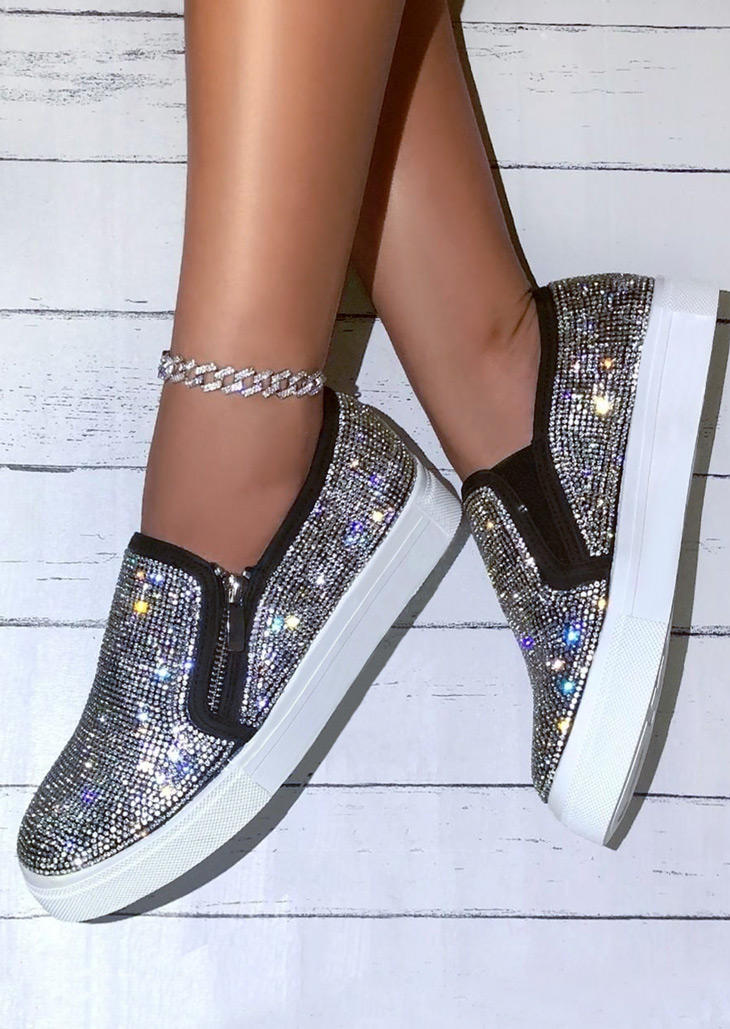 

Glitter Rhinestone Zipper Round Toe Flat Sneakers - Black, 494241