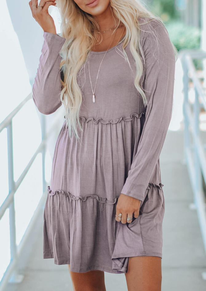 

Ruffled O-Neck Long Sleeve Mini Dress - Light Purple, 494251