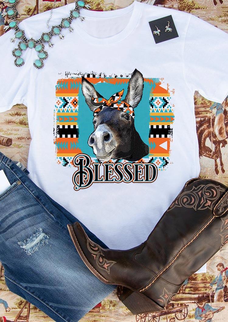

Aztec Geometric Donkey Blessed T-Shirt Tee - White, 494293