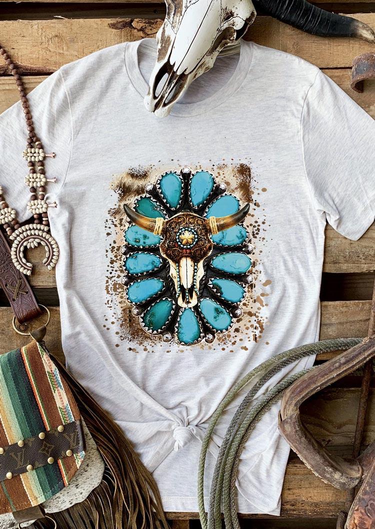 

Steer Skull Turquoise Western T-Shirt Tee - Light Grey, 494295