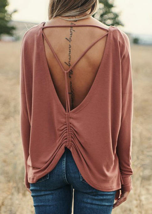 

Open Back Drawstring Long Sleeve Blouse - Cameo Brown, 494299