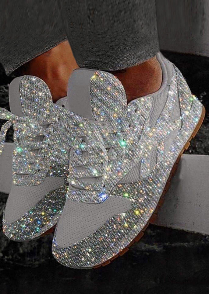 

Glitter Breathable Lace Up Round Toe Sneakers - Silver, 494323